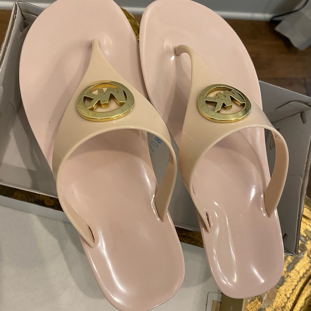 Michael Kors Pink and Gold Flip Flops with Logo Accent